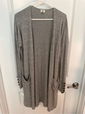 BKE Gray Ribbed Open-Front Long Cardigan with Button Cuffs